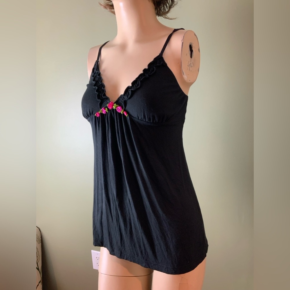 Betsey Johnson Black Babydoll Chemise with Pink Rose Accents